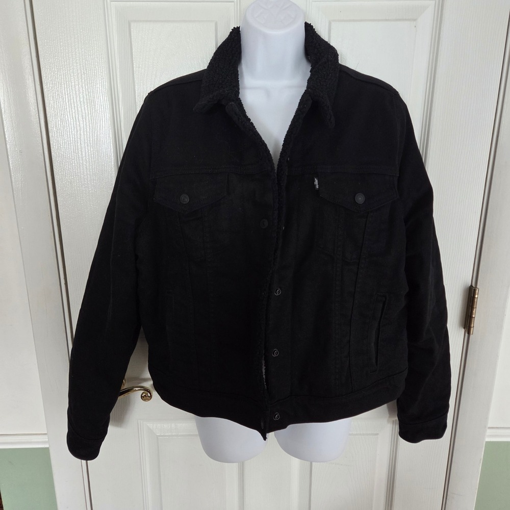 Levis Sherpa Trucker Jacket Womens XL Black Denim Fleece Lined Coat Ex Boyfriend